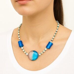 Elegant Blue and Silver Glass Beaded & White Pearl Necklace